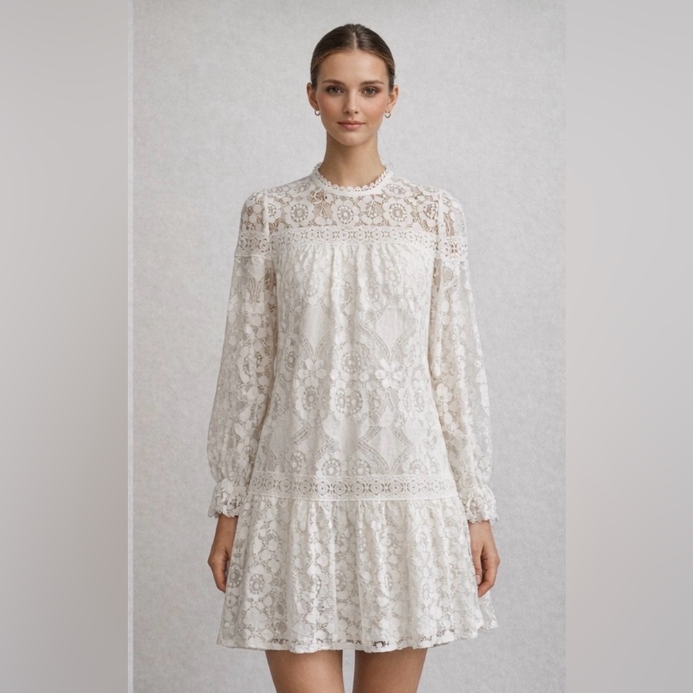 Vici Women’s Sz L White Lace Mini Dress With Bell Sleeves Cottagecore Boho NWOT